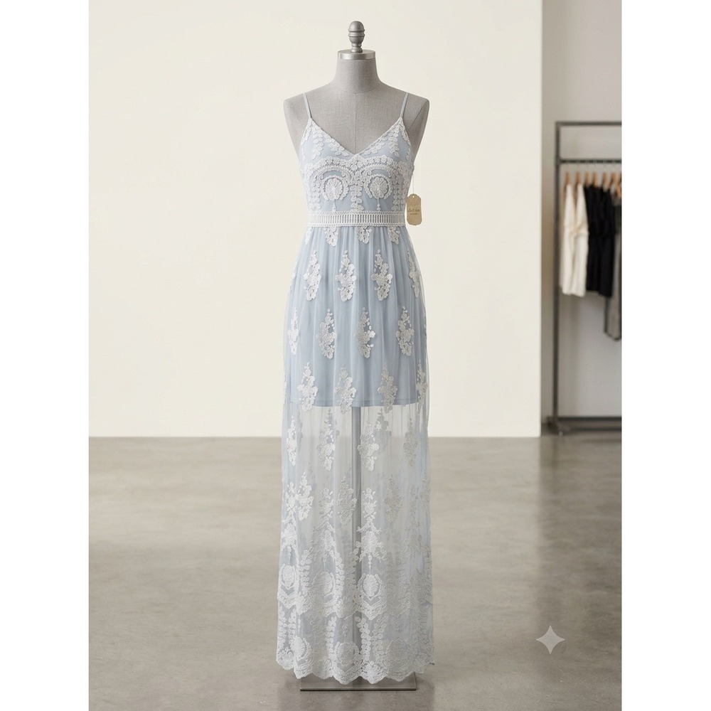 Altar'd State Apolonia Maxi Dress Silver White Lace Mesh Boho Medium NWT